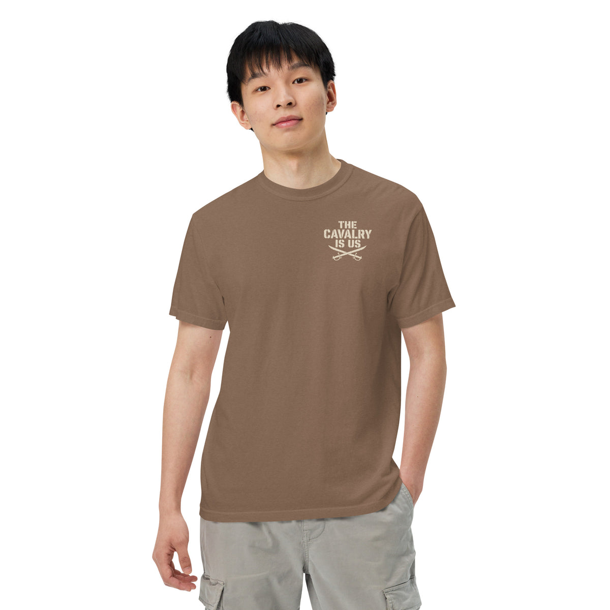 So We Stand The Cavalry Is Us Tee in Espresso, front view, model