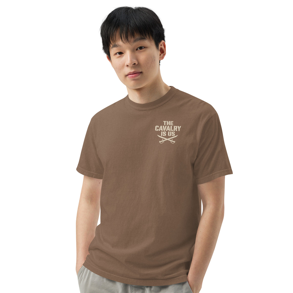 So We Stand The Cavalry Is Us Tee in Espresso, front view, model