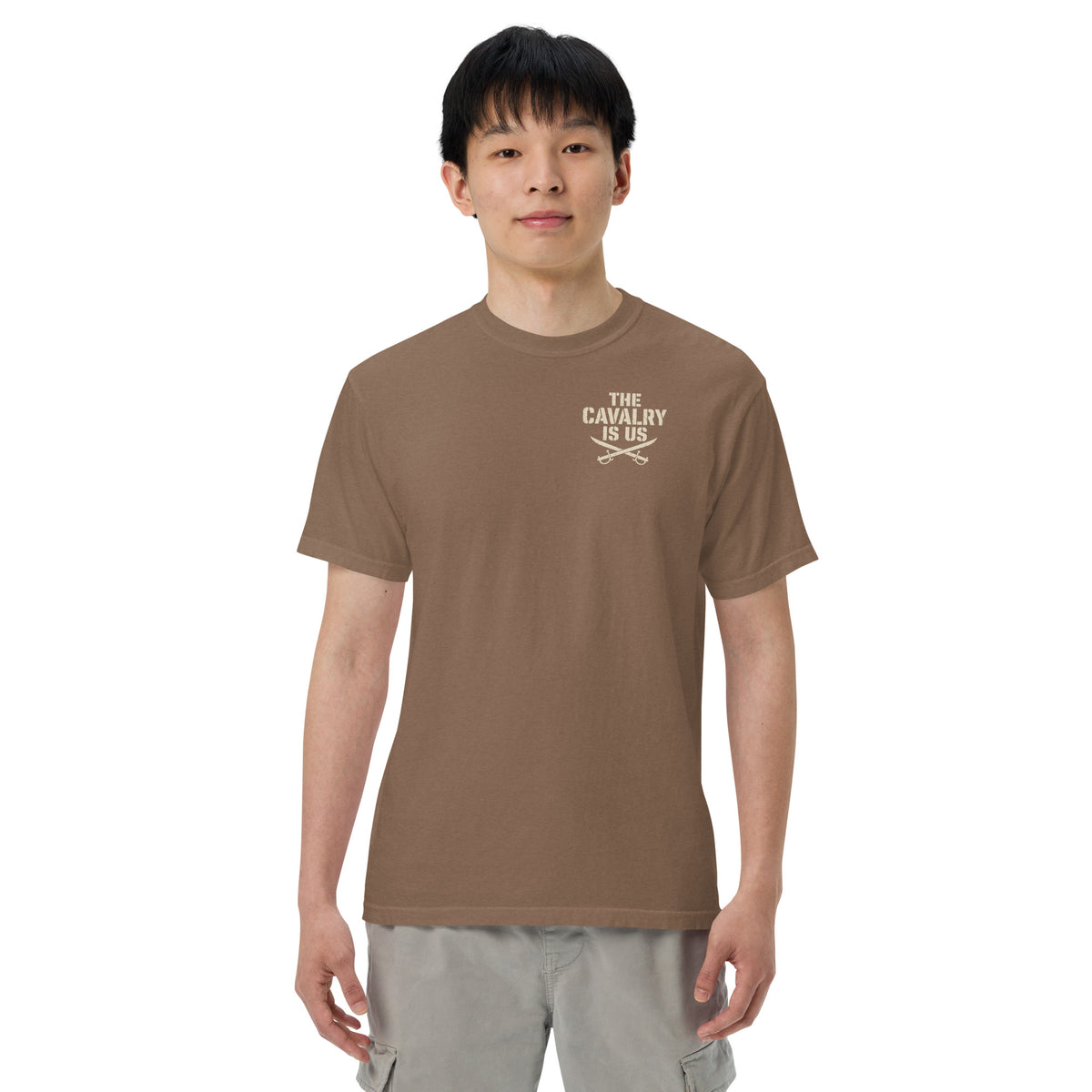 So We Stand The Cavalry Is Us Tee in Espresso, front view