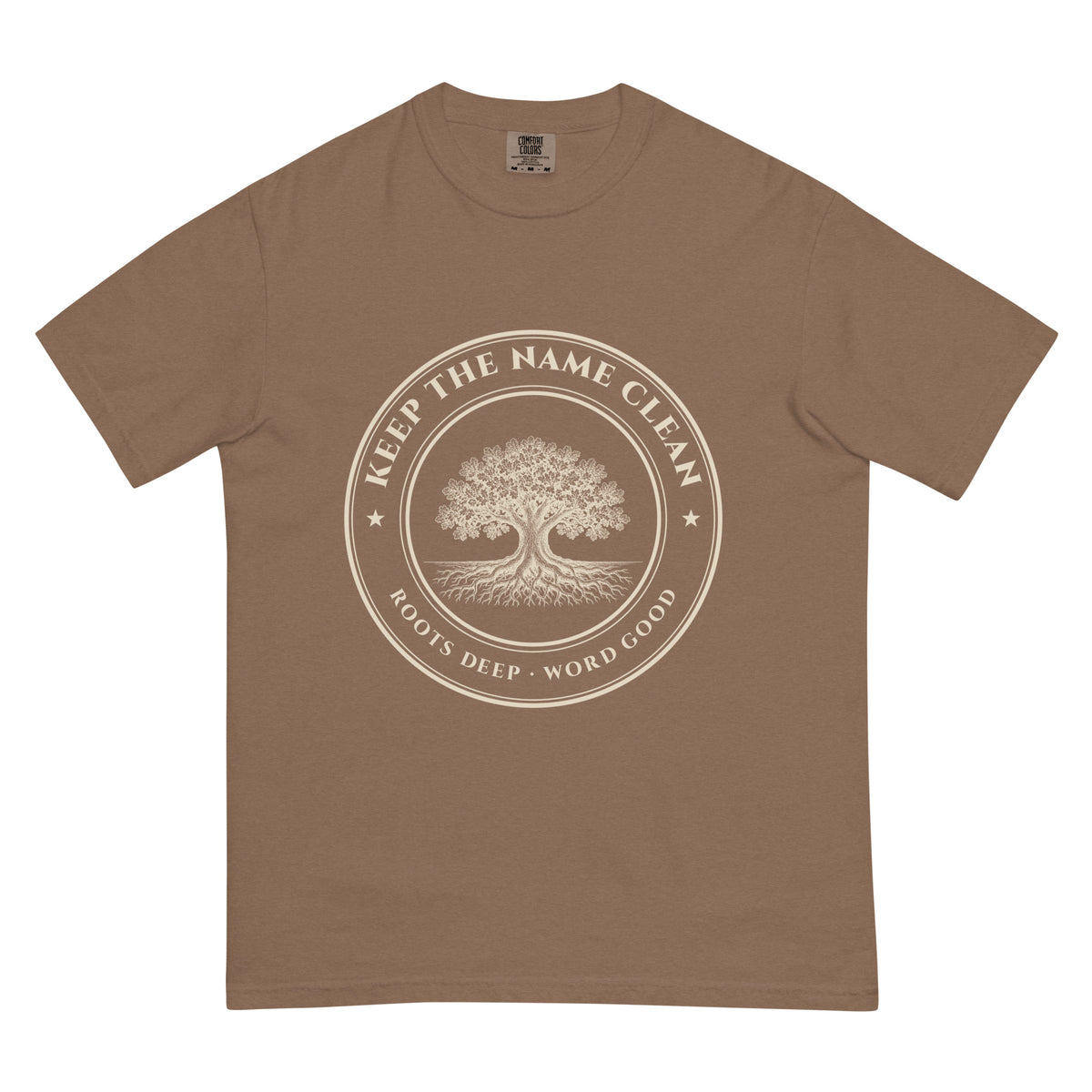 Keep the Name Clean Heritage Oak tee in Espresso, front: KEEP THE NAME CLEAN oak tree crest with ROOTS DEEP · WORD GOOD