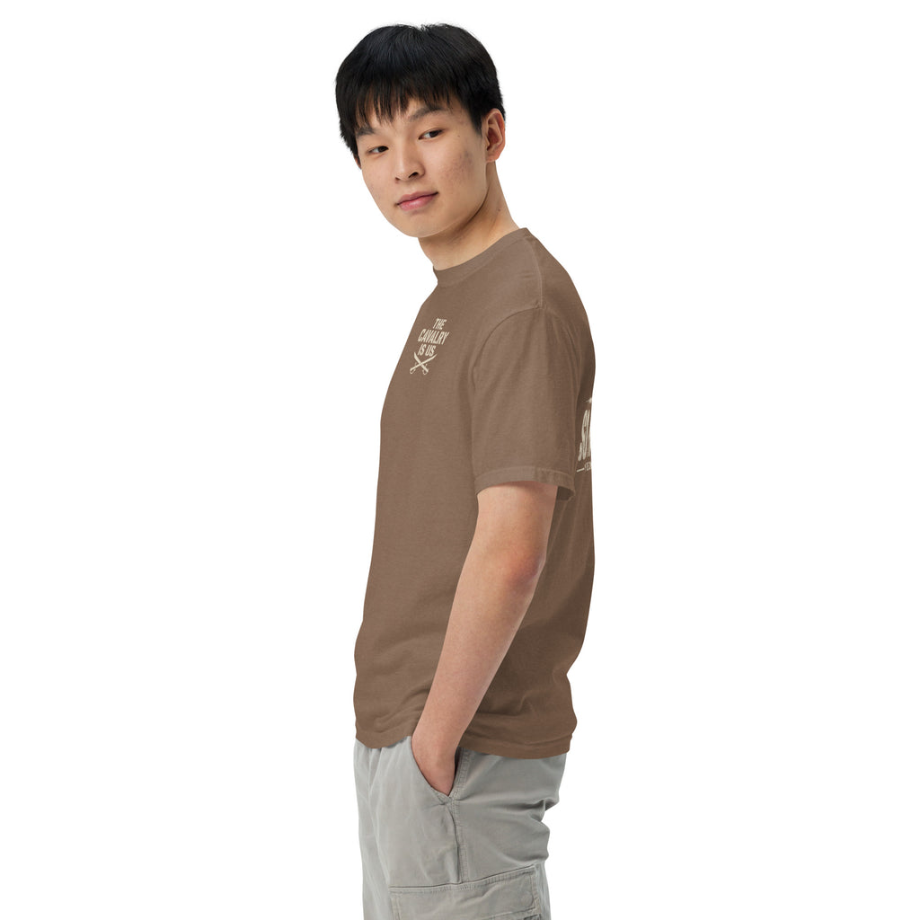 So We Stand The Cavalry Is Us Tee in Espresso, left side view