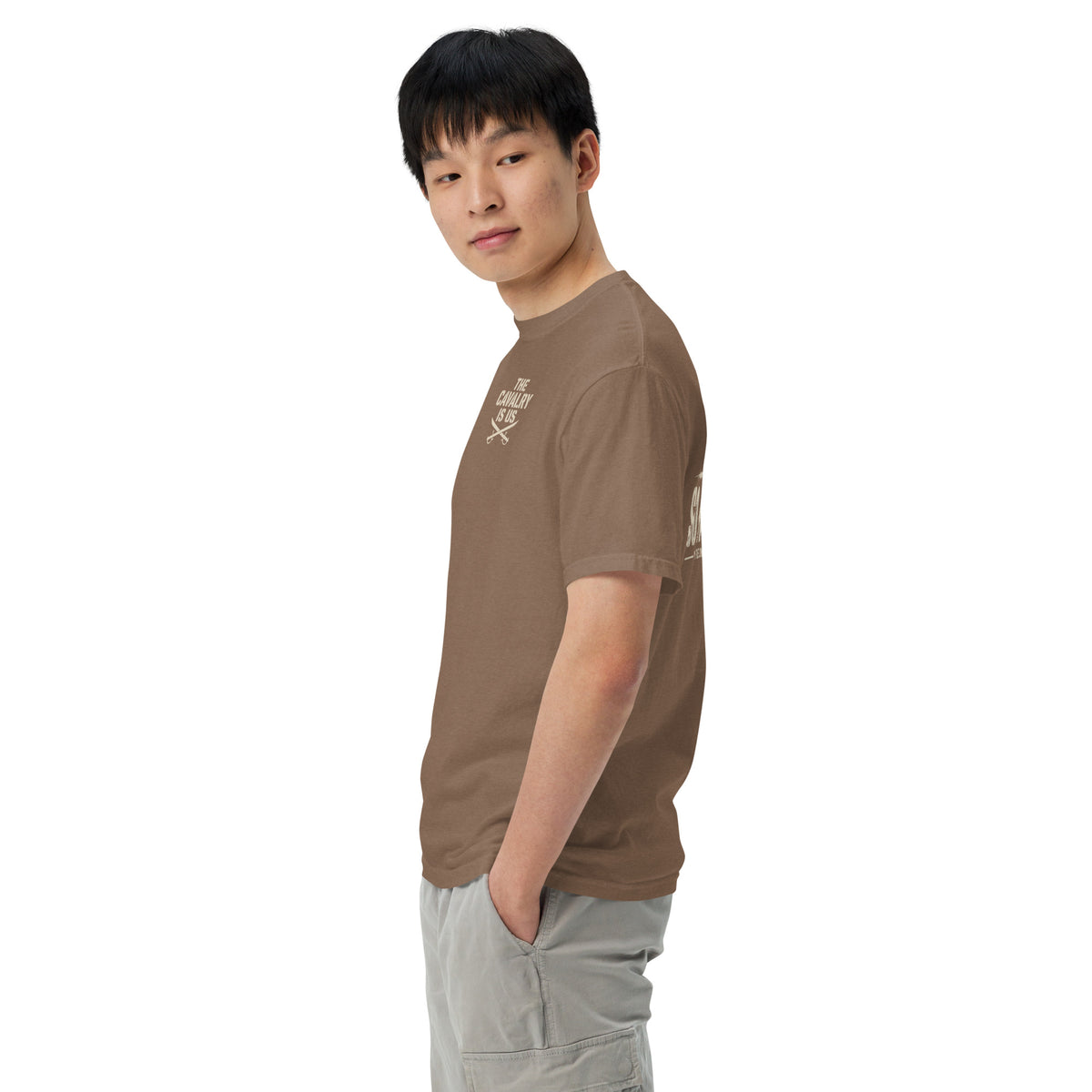 So We Stand The Cavalry Is Us Tee in Espresso, left side view