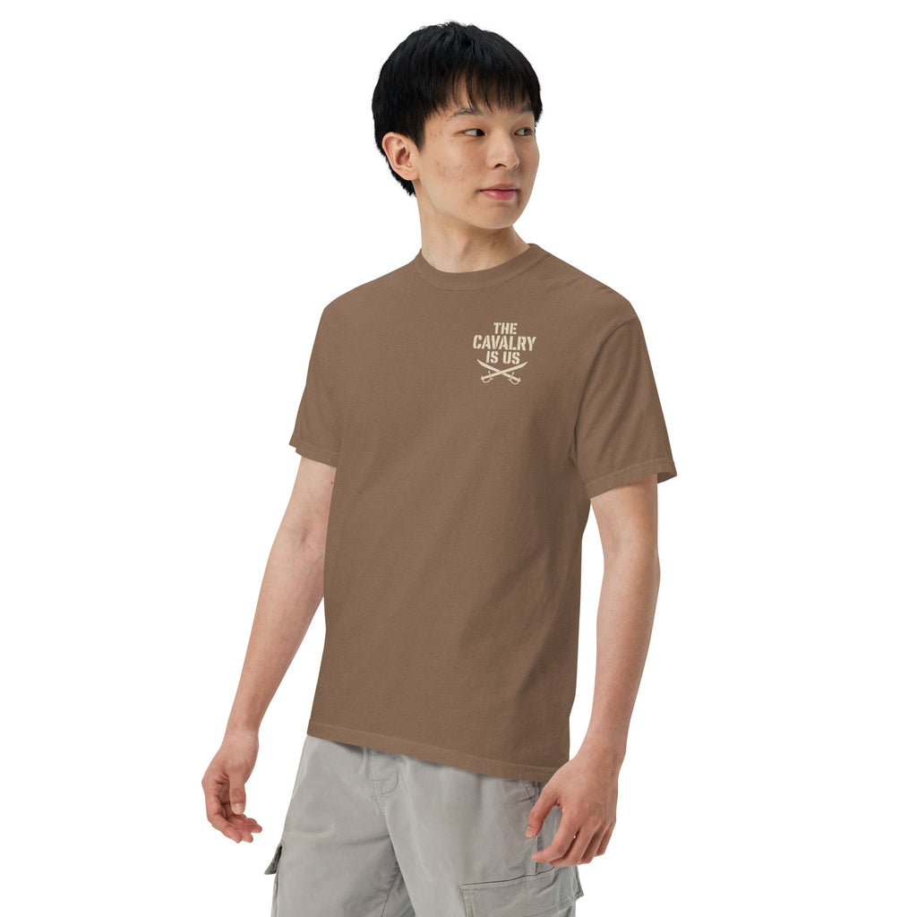 So We Stand The Cavalry Is Us Tee in Espresso, left front view