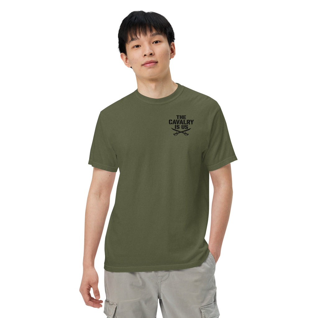 So We Stand The Cavalry Is Us Tee in Hemp, front view, model