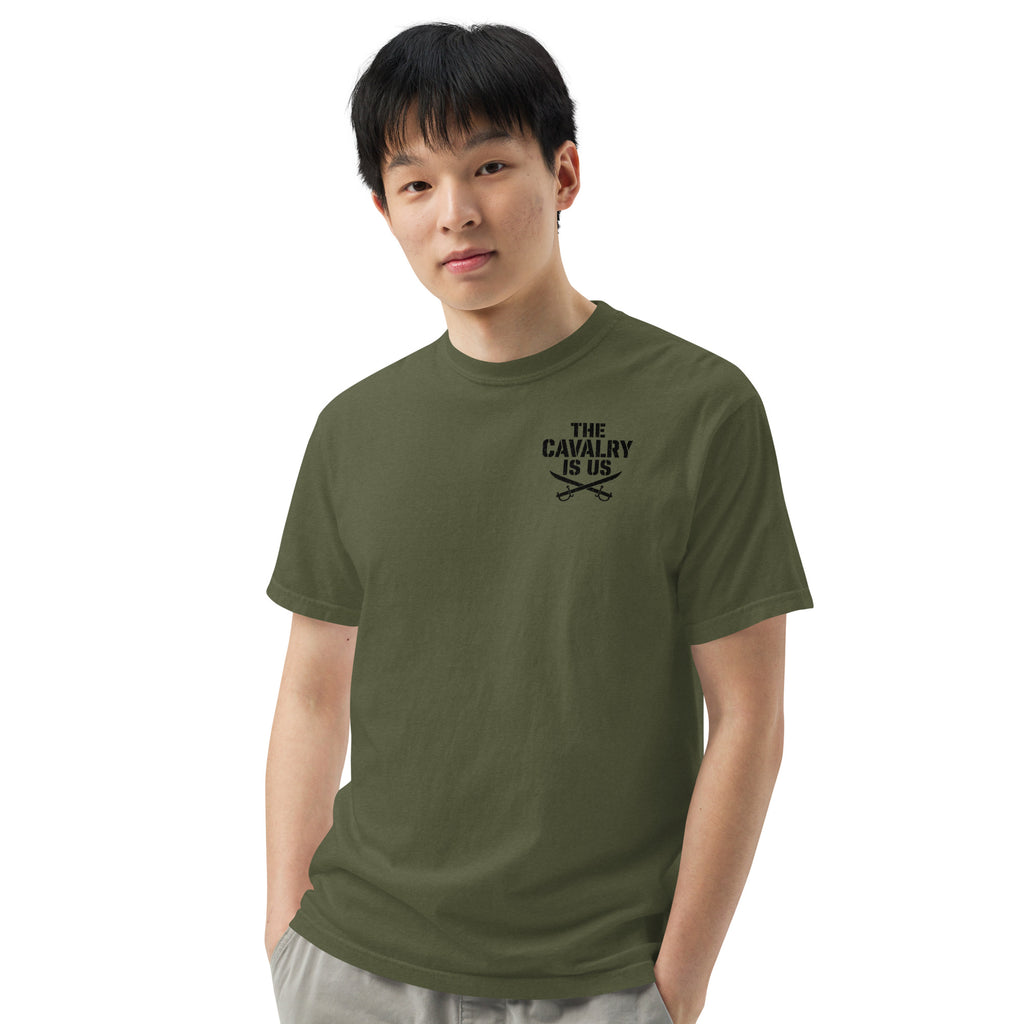 So We Stand The Cavalry Is Us Tee in Hemp, front view, model