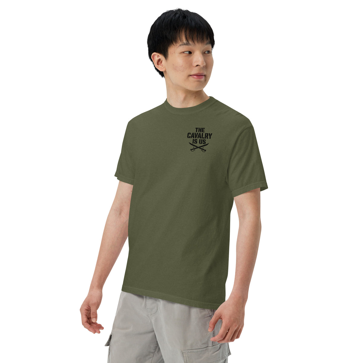 So We Stand The Cavalry Is Us Tee in Hemp, left front view