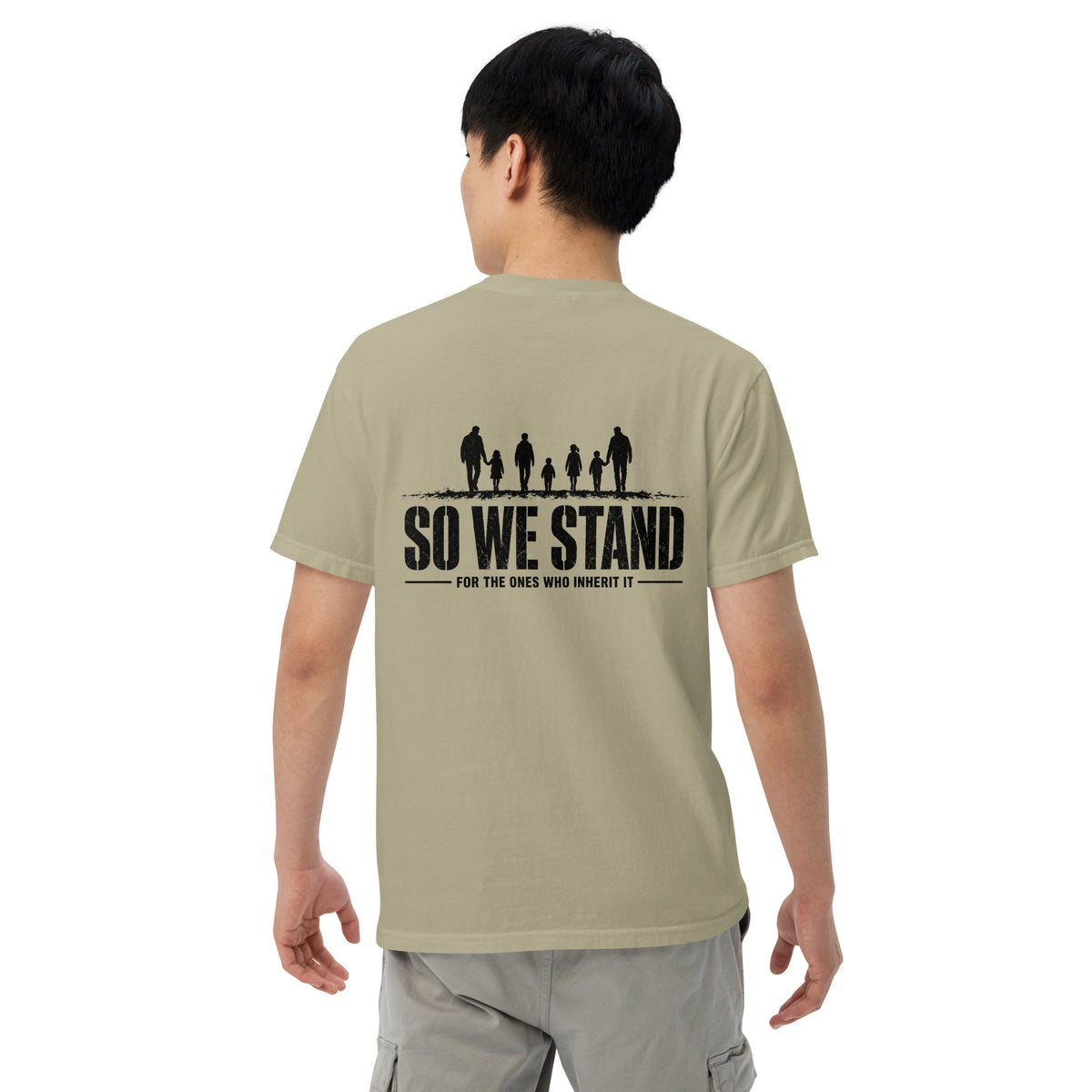 So We Stand The Cavalry Is Us Tee in Khaki, back view