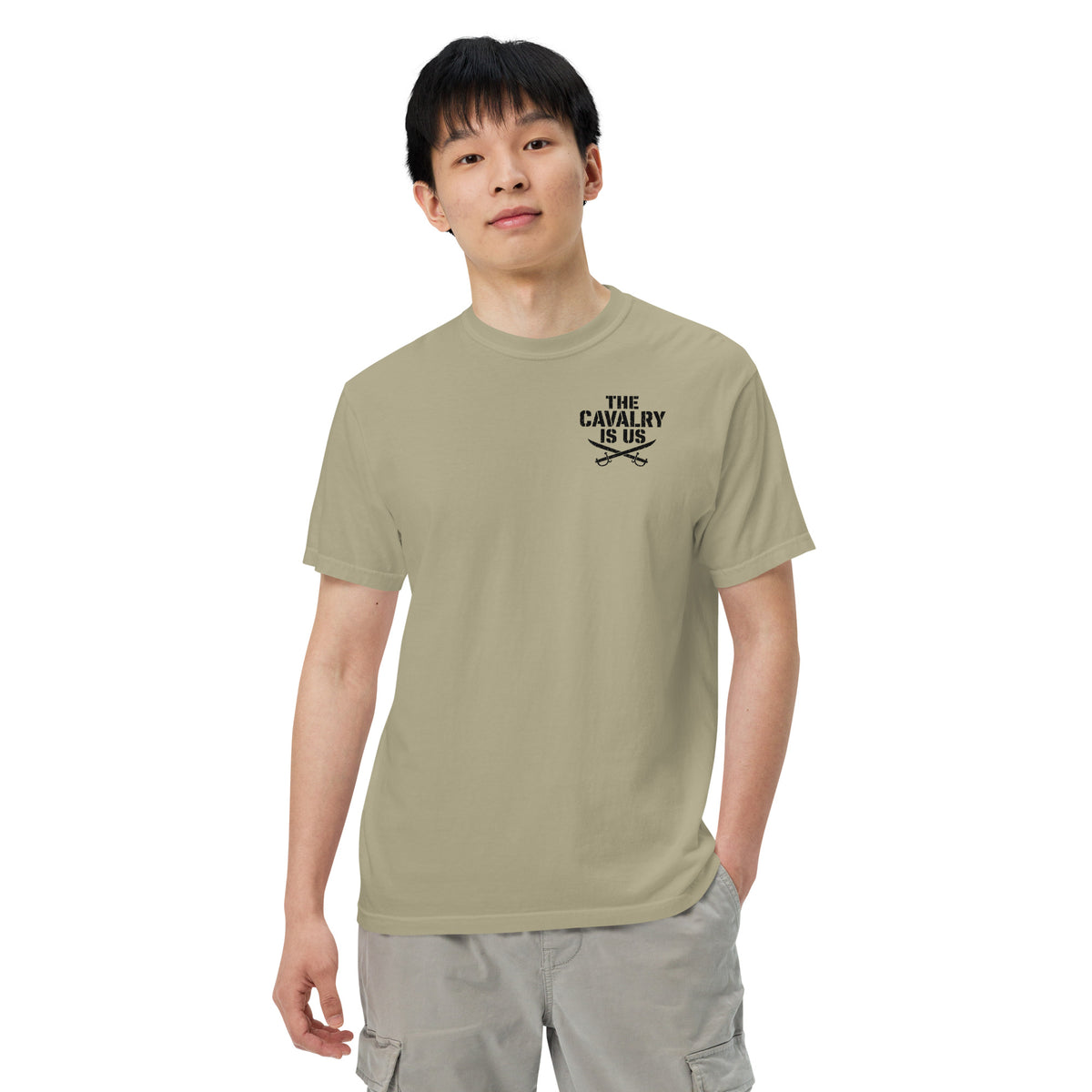 So We Stand The Cavalry Is Us Tee in Khaki, front view, model