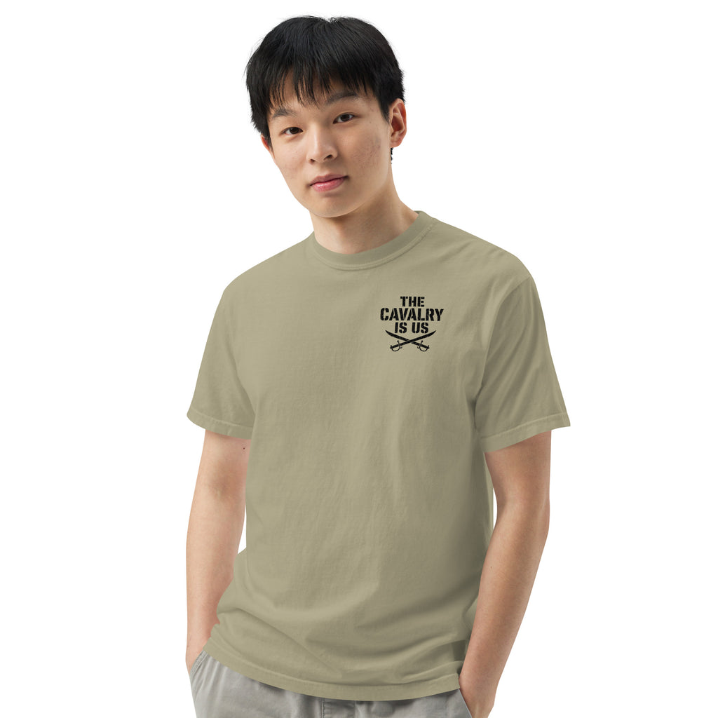 So We Stand The Cavalry Is Us Tee in Khaki, front view, model