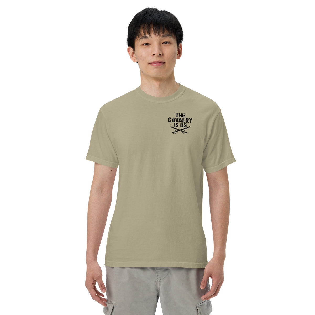 So We Stand The Cavalry Is Us Tee in Khaki, front view