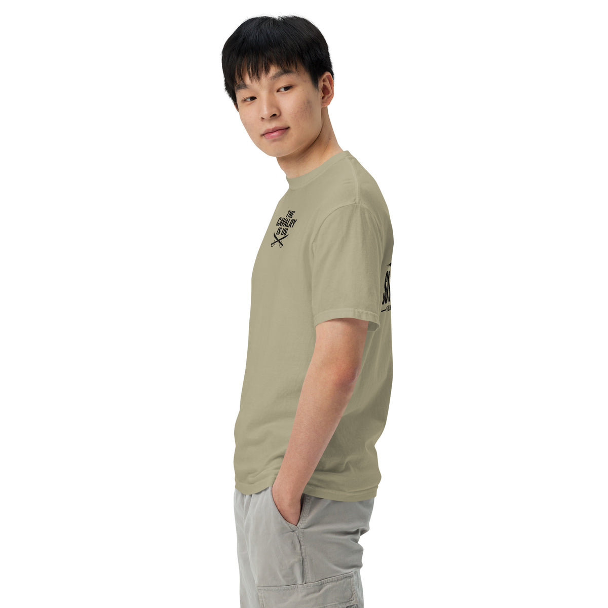 So We Stand The Cavalry Is Us Tee in Khaki, left side view