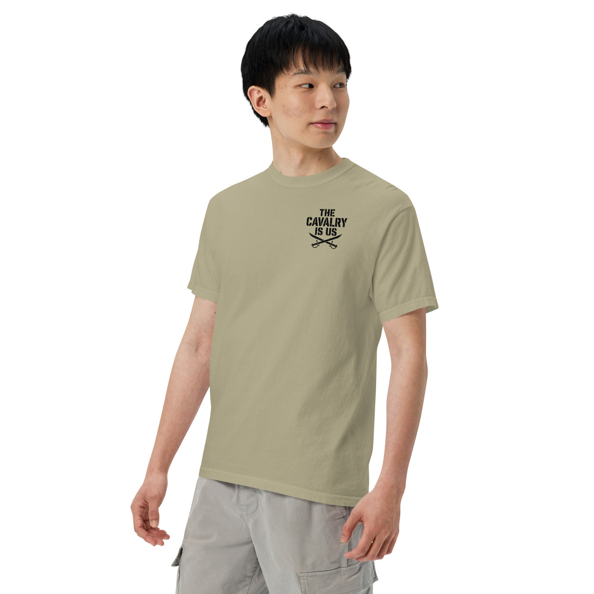 So We Stand The Cavalry Is Us Tee in Khaki, left front view