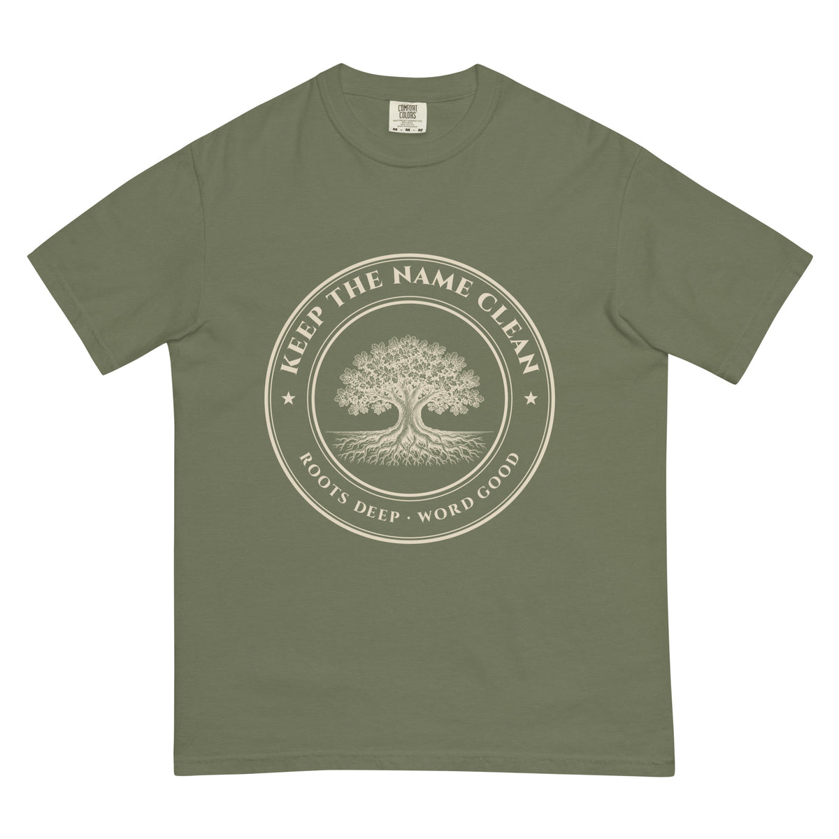 Keep the Name Clean Heritage Oak tee in Moss, front: oak tree crest reading KEEP THE NAME CLEAN, ROOTS DEEP · WORD GOOD