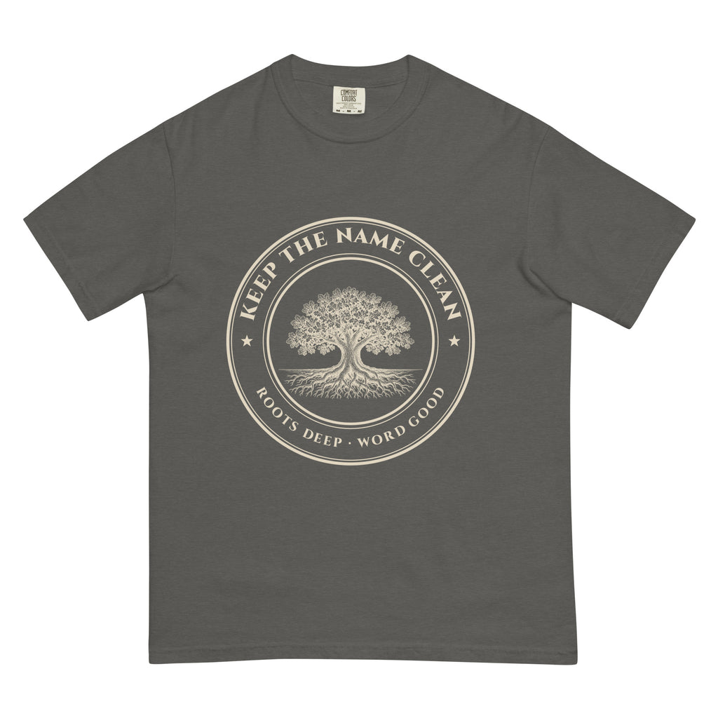Keep the Name Clean Heritage Oak tee in Pepper, front: oak tree crest reading KEEP THE NAME CLEAN, ROOTS DEEP · WORD GOOD