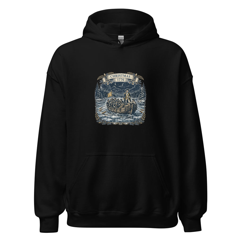 Christmas 1776 Crossing Hoodie in Black, front view