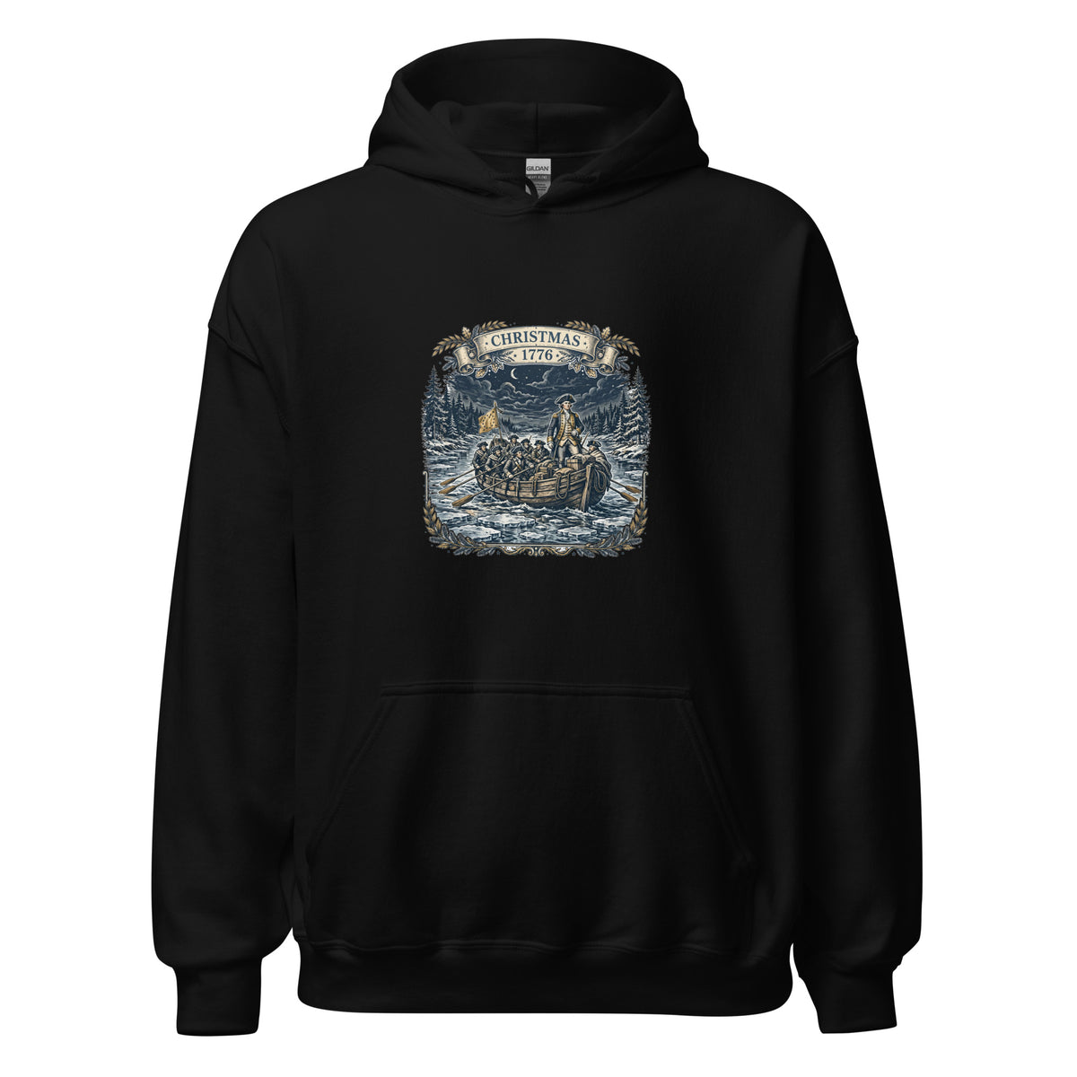 Christmas 1776 Crossing Hoodie in Black, front view