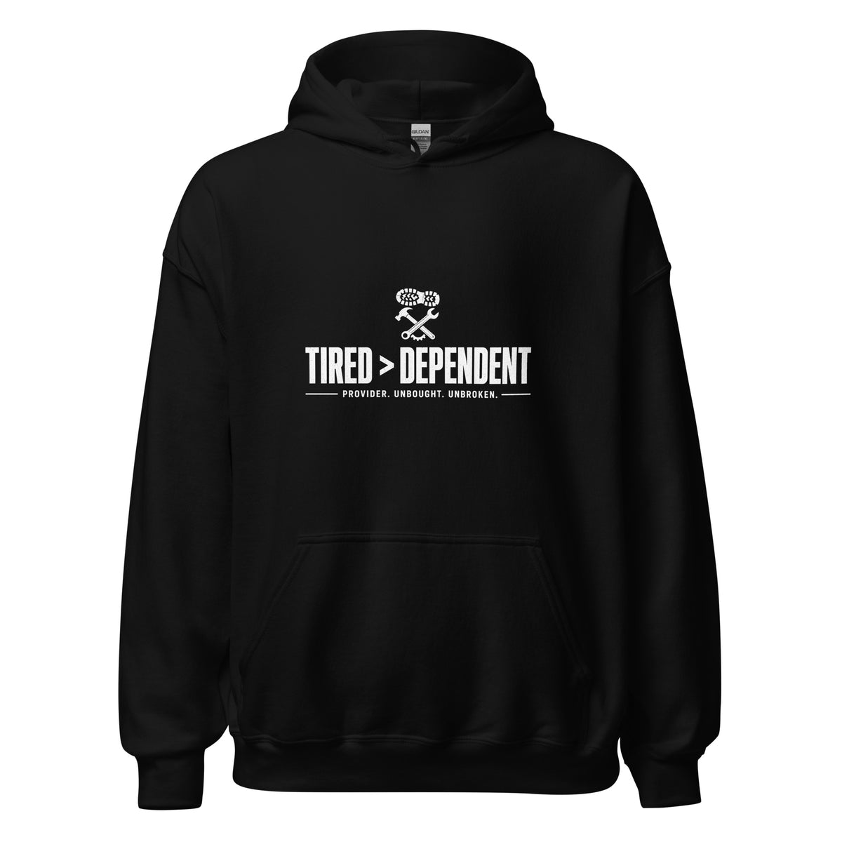 Tired > Dependent Workwear Hoodie in Black, front view