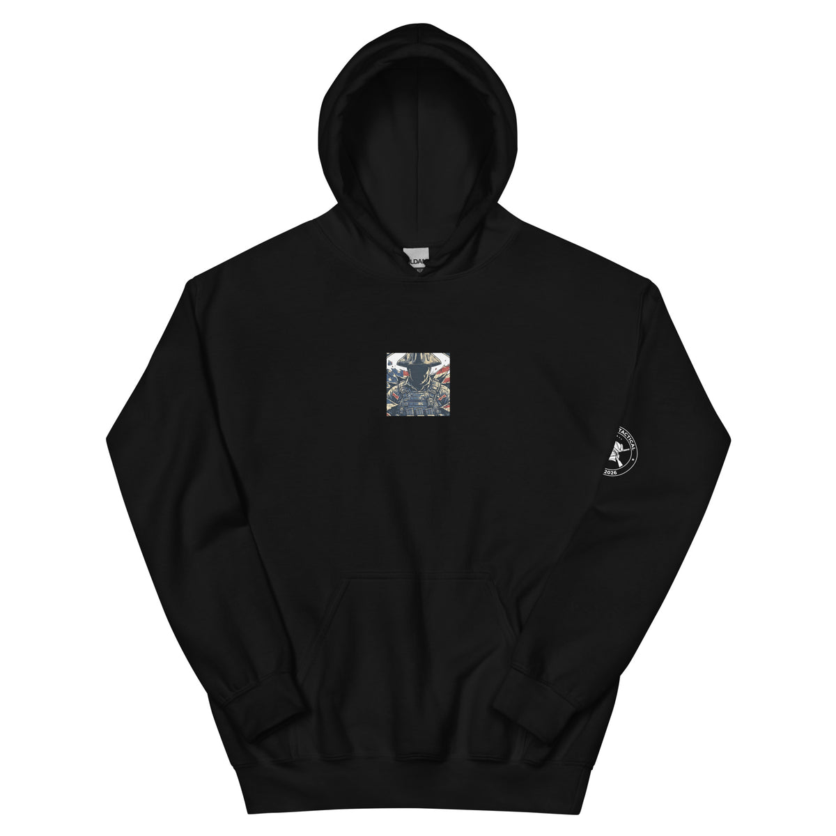 Quarter Millennial black hoodie, front: small chest print of a colonial patriot with flag and sleeve badge