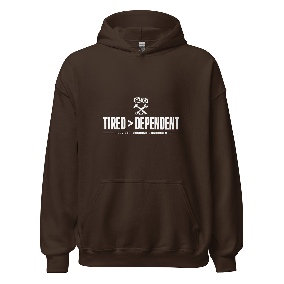 Tired > Dependent Workwear Hoodie in Dark Chocolate, front view