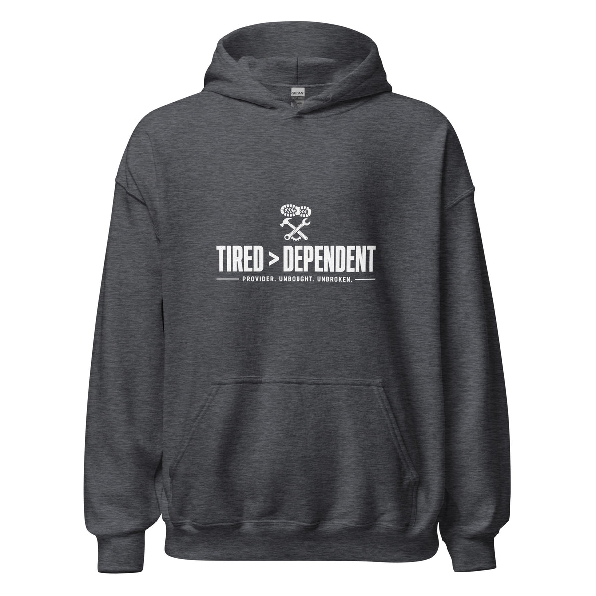 Tired > Dependent Workwear Hoodie in Dark Heather, front view