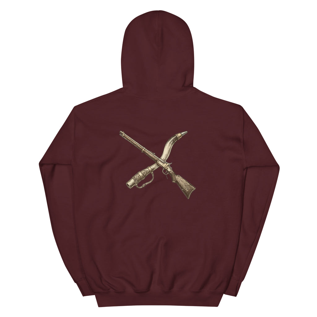 The Long Rifle maroon hoodie, back: large crossed Revolutionary War long rifle and powder horn print