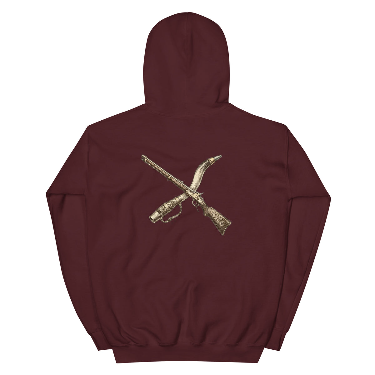 The Long Rifle maroon hoodie, back: large crossed Revolutionary War long rifle and powder horn print