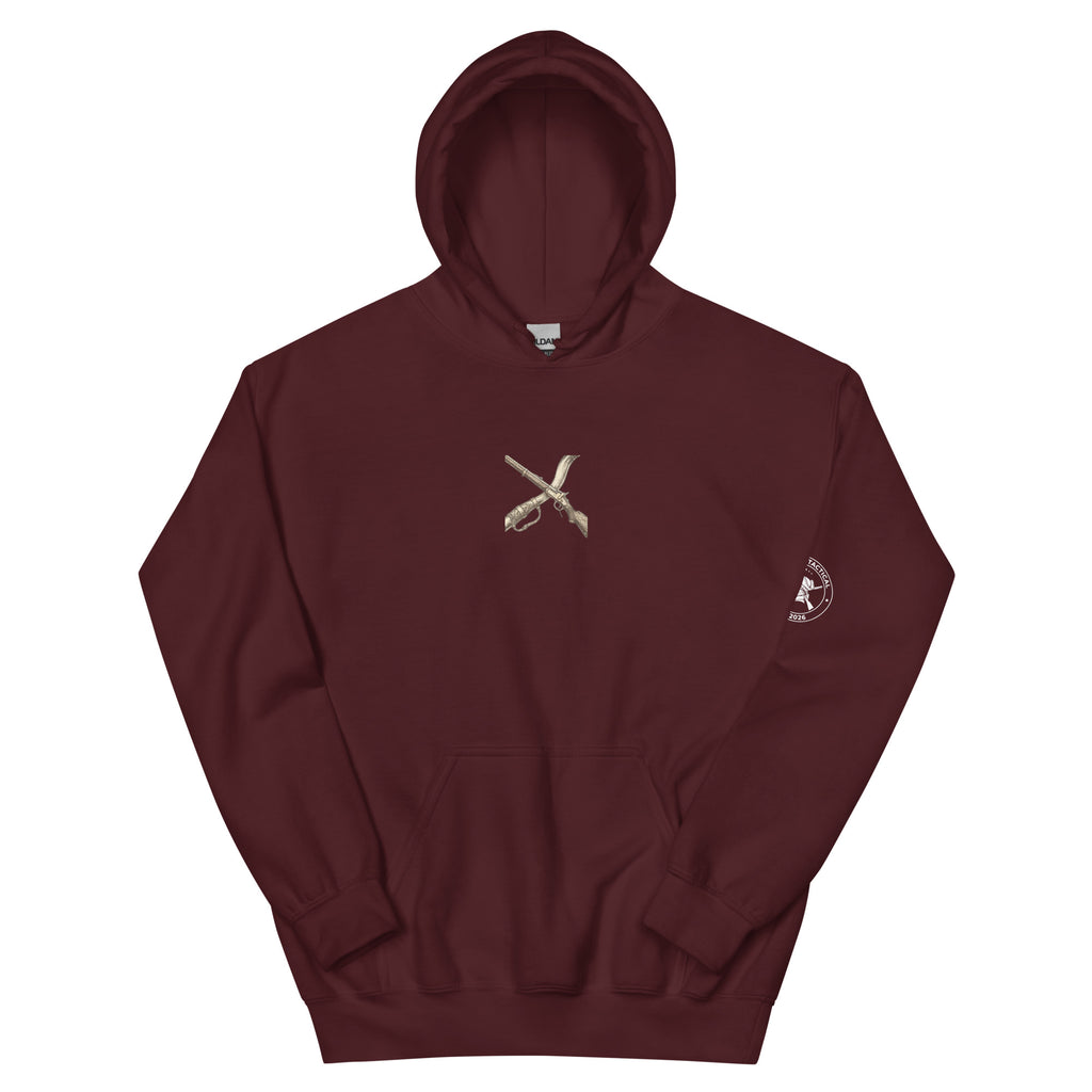 The Long Rifle maroon hoodie, front: crossed long rifle and powder horn chest emblem with sleeve badge
