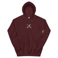 The Long Rifle maroon hoodie, front: crossed long rifle and powder horn chest emblem with sleeve badge