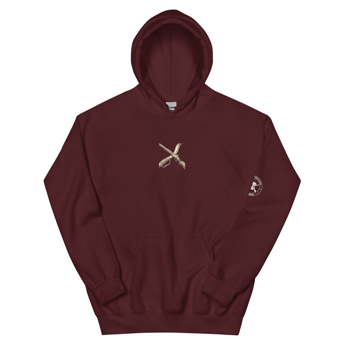The Long Rifle maroon hoodie, front: crossed long rifle and powder horn chest emblem with sleeve badge