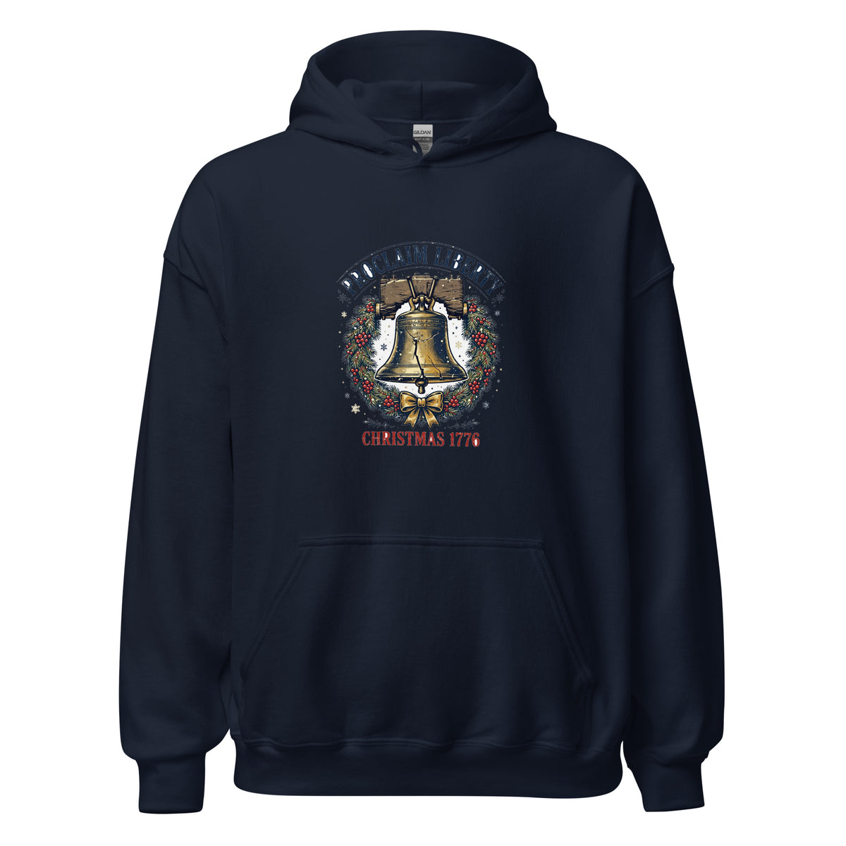 Liberty Bell Christmas Hoodie in Navy, front view