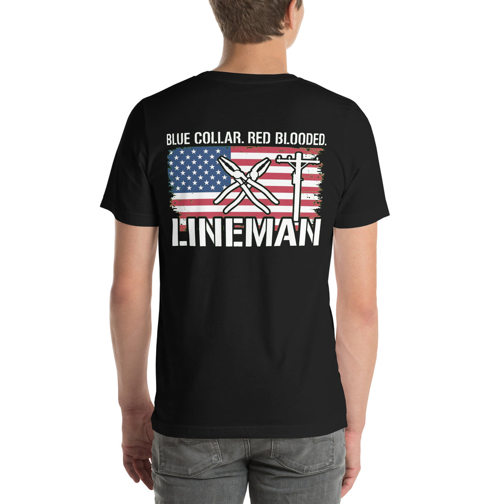 Blue Collar Red Blooded Lineman Tee t-shirt by Patriot Tactical, homestead American heritage design – product mockup