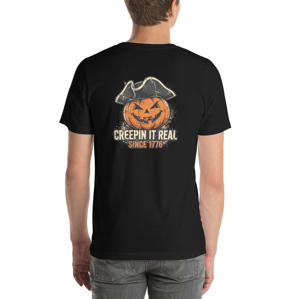 Creepin' It Real Since 1776 Halloween Tee t-shirt by Patriot Tactical, homestead American heritage design – detail view