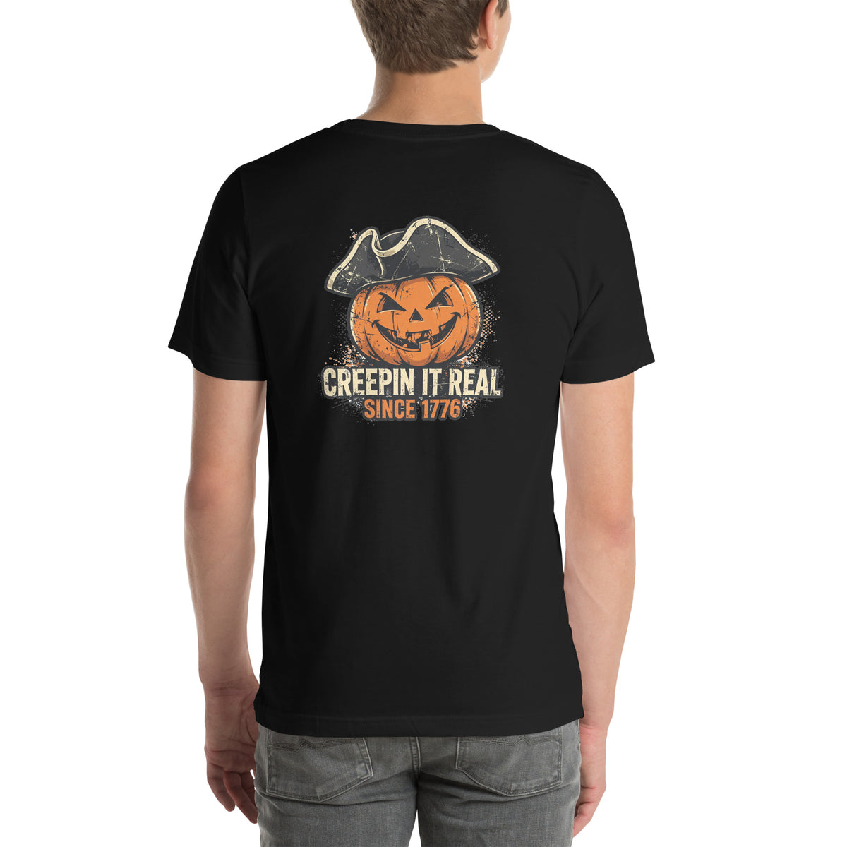 Creepin' It Real Since 1776 Halloween Tee t-shirt by Patriot Tactical, homestead American heritage design – detail view