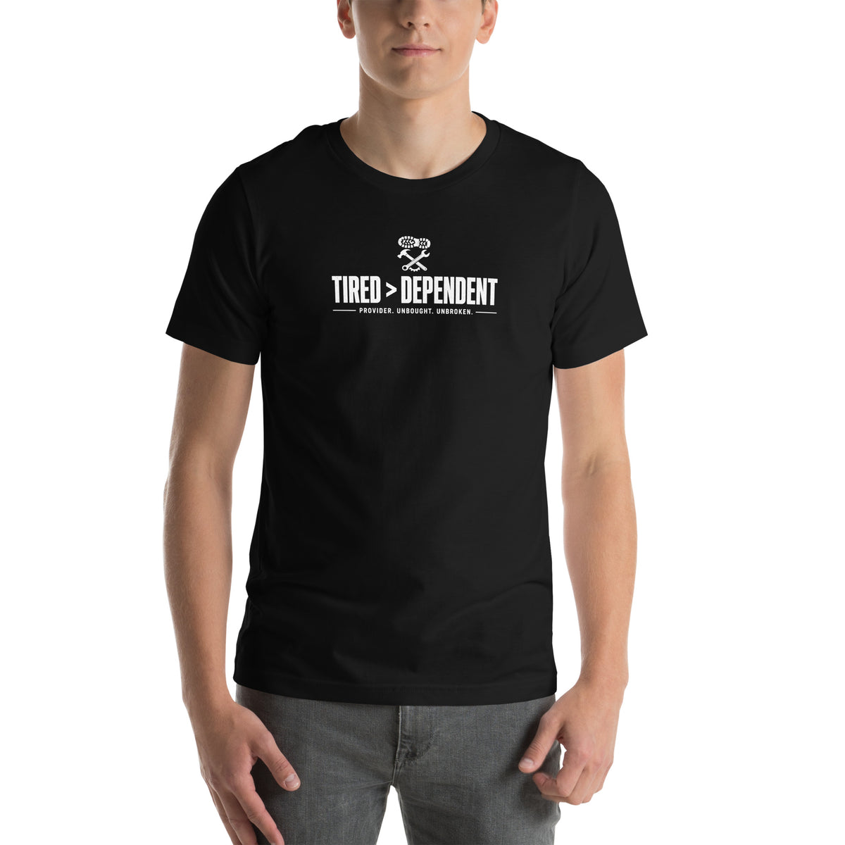 Tired > Dependent Workwear Tee in Black, front view