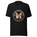 Strongly Worded Letter Society Premium Tee, black, front: round society seal with crossed quills and red wax seal, We put it in writing.