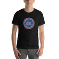 Man wearing the black Believe in U.S. tee with the 13-star colonial canton seal on the chest