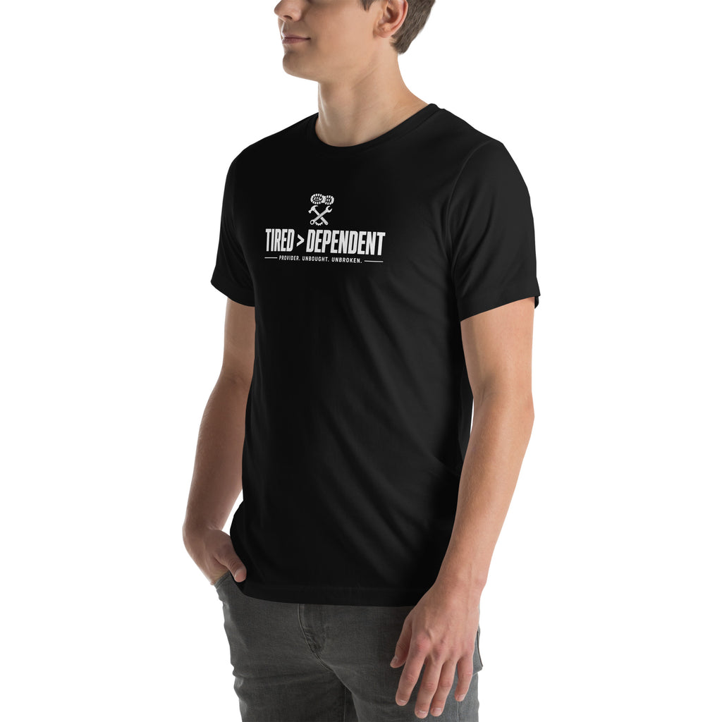 Tired > Dependent Workwear Tee in Black, left front view
