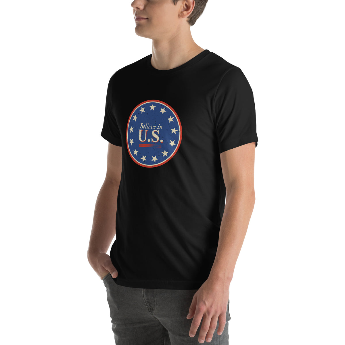 Left front view of the black Believe in U.S. tee with the 13-star canton seal