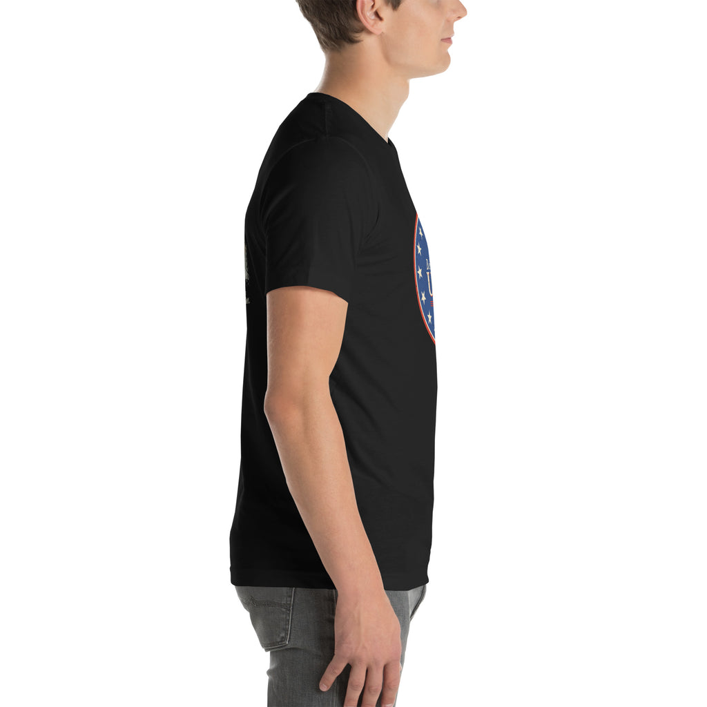 Right side view of the black Believe in U.S. tee