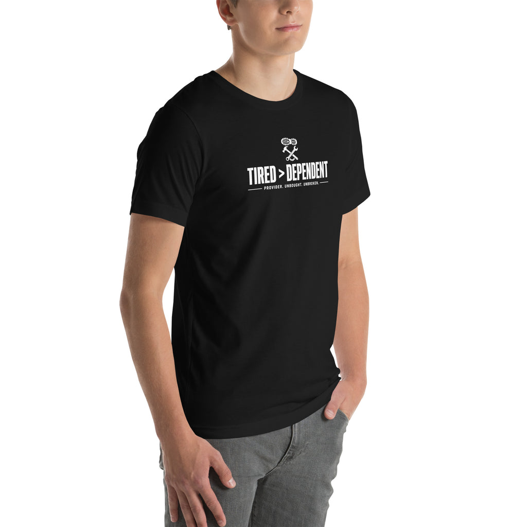 Tired > Dependent Workwear Tee in Black, right front view