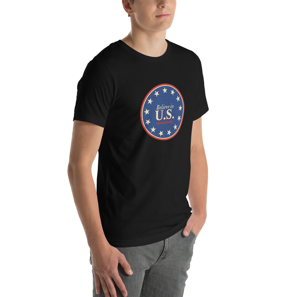 Right front view of the black Believe in U.S. tee with the 13-star canton seal