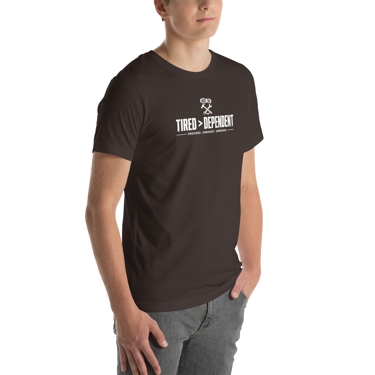 Tired > Dependent Workwear Tee in Brown, right front view