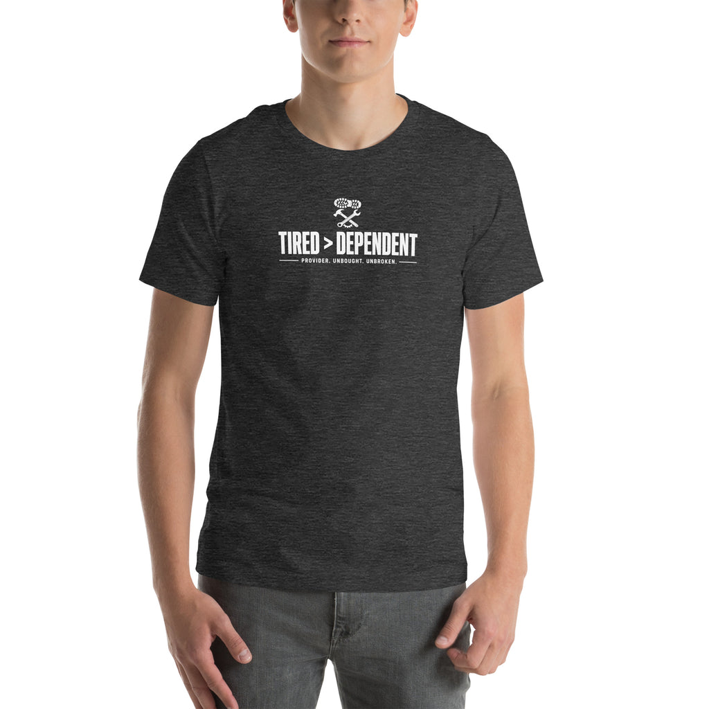 Tired > Dependent Workwear Tee in Dark Grey Heather, front view