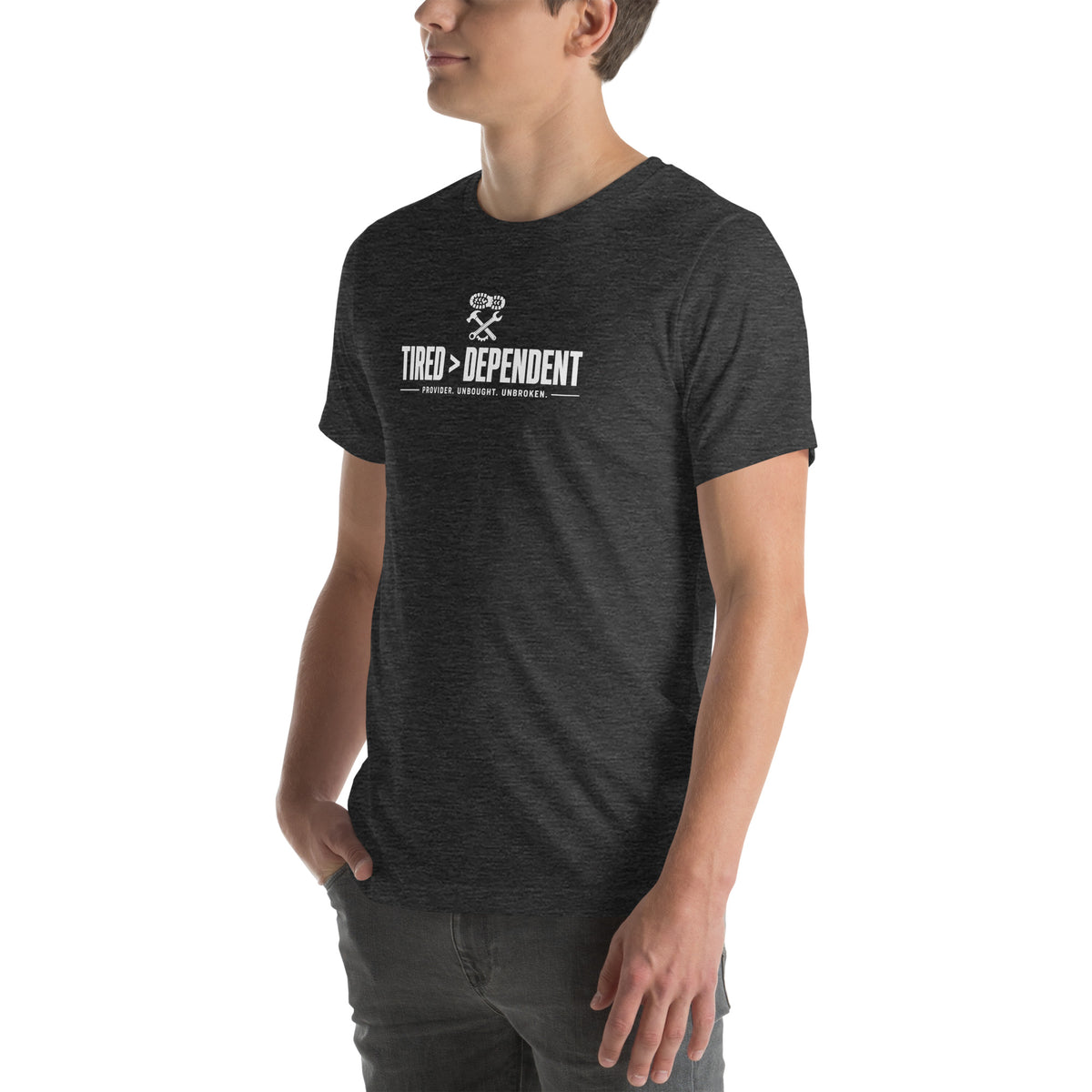Tired > Dependent Workwear Tee in Dark Grey Heather, left front view