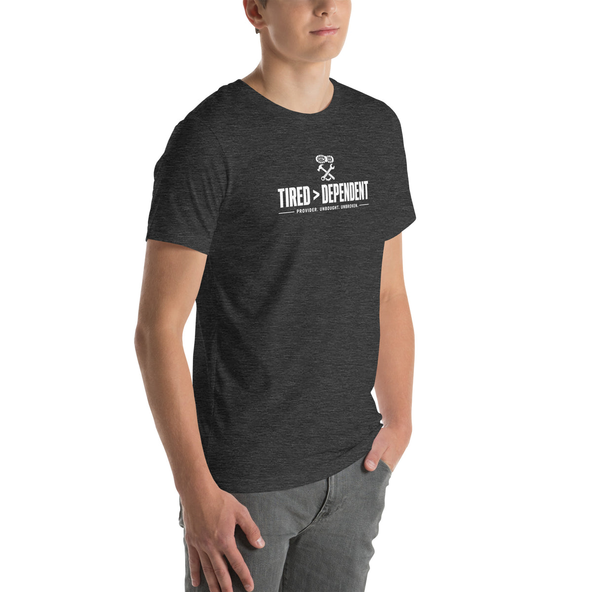 Tired > Dependent Workwear Tee in Dark Grey Heather, right front view