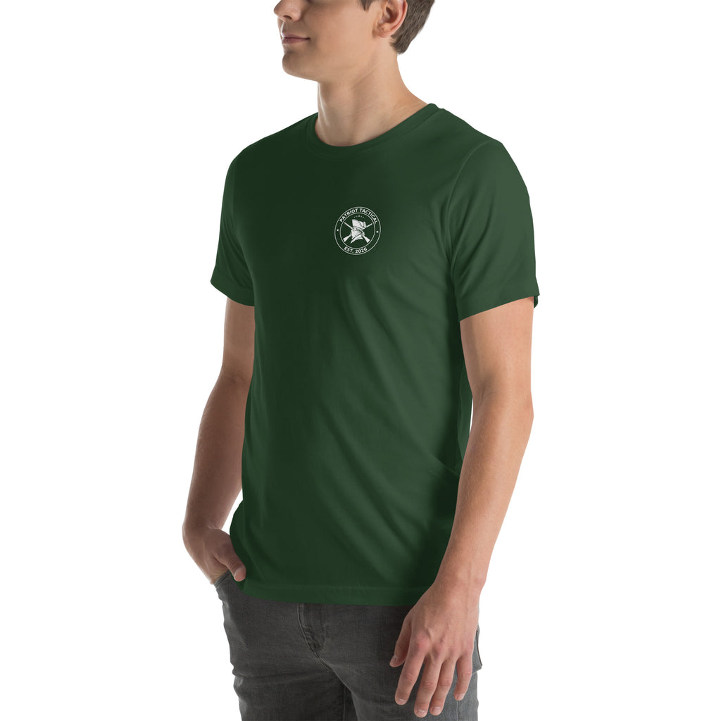 Defend This Tee t-shirt by Patriot Tactical, homestead American heritage design – detail view