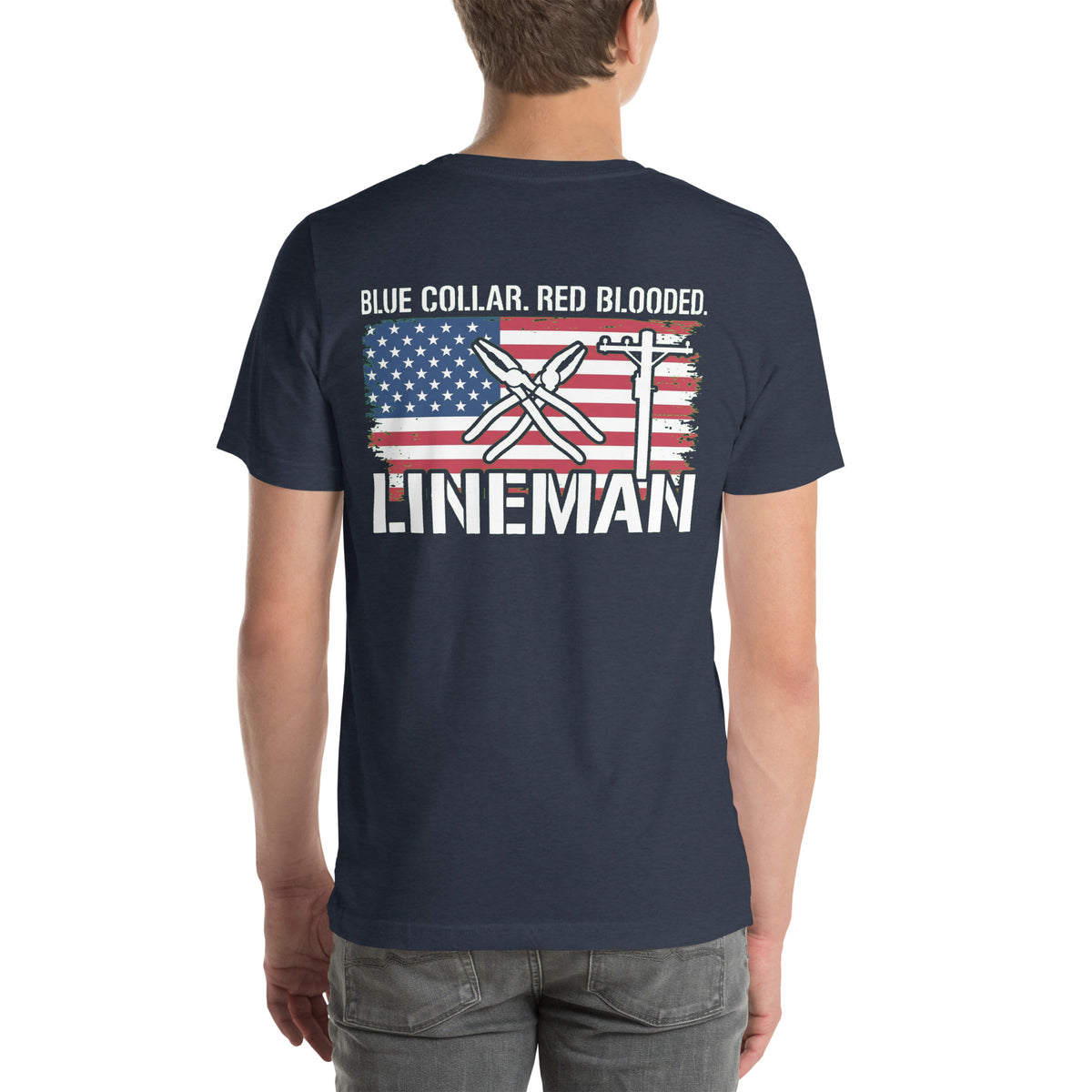Blue Collar Red Blooded Lineman Tee t-shirt by Patriot Tactical, homestead American heritage design – product mockup 14