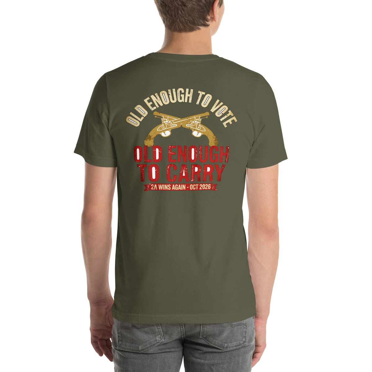 Old Enough To Carry Premium Tee in Military Green, back view