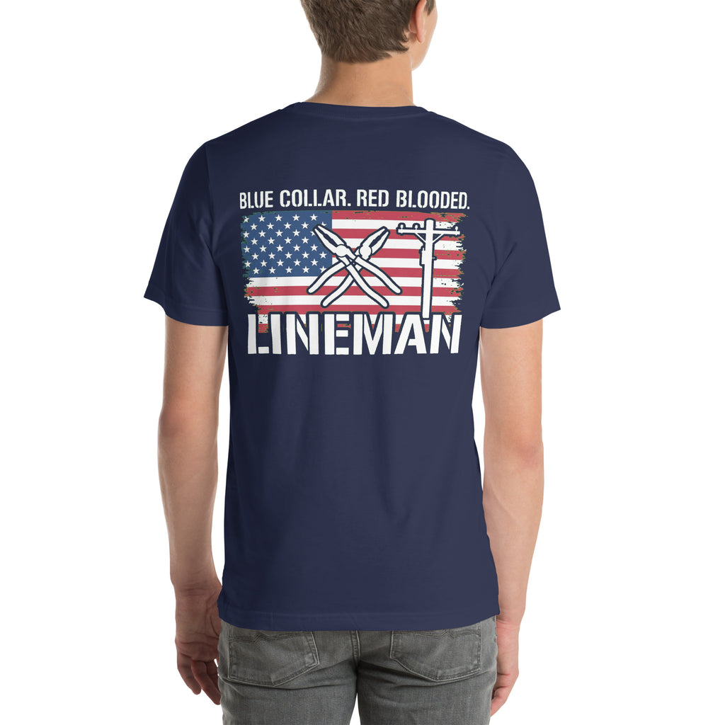 Blue Collar Red Blooded Lineman Tee t-shirt by Patriot Tactical, homestead American heritage design – product mockup 8