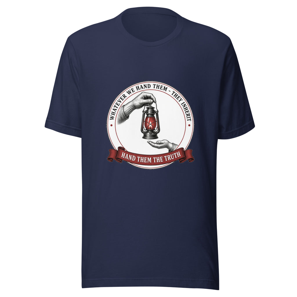 Hand Them the Truth Lantern Tee in Navy, front view
